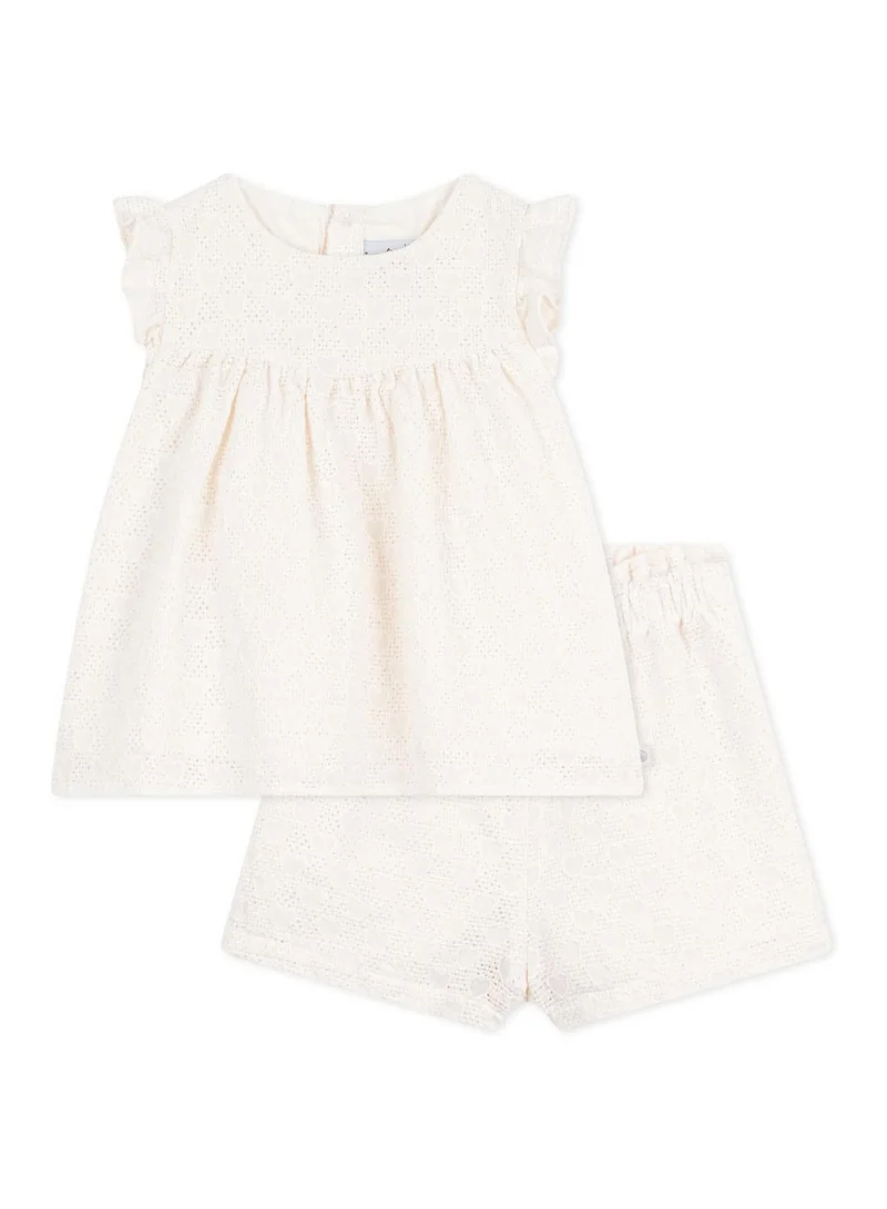 Petit Bateau Babies' 2-piece outfit in broderie anglaise, hearts design